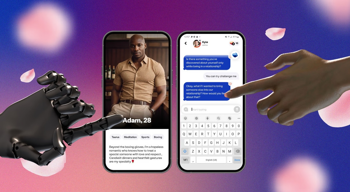 A hand holds a smartphone displaying a robot hand, symbolizing AI's role in future dating app interactions